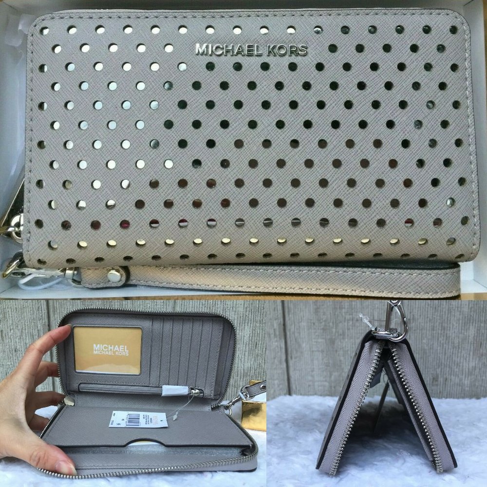 NEW Michael Kors Perforated Multifunction Phonecase Ip8 Plus Wristlet Pearl GREY